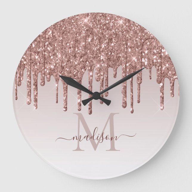 Reloj Redondo Grande Rosa Purpurina dorado Esparkle Glam Dripping Monog (Anverso)