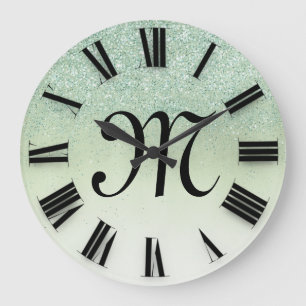 Reloj Redondo Grande Rosa Purpurina Monogramas Números romanos