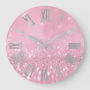 Reloj Redondo Grande Rosa rosa pastel Purpurina Números romanos grises