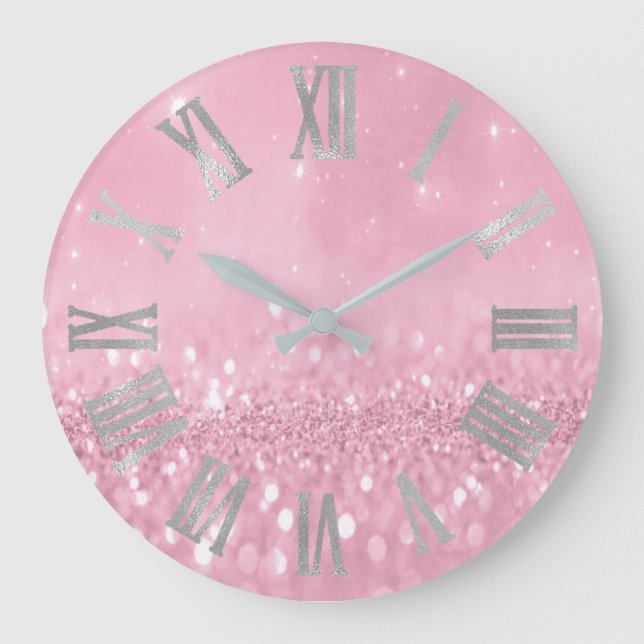 Reloj Redondo Grande Rosa rosa pastel Purpurina Números romanos grises
