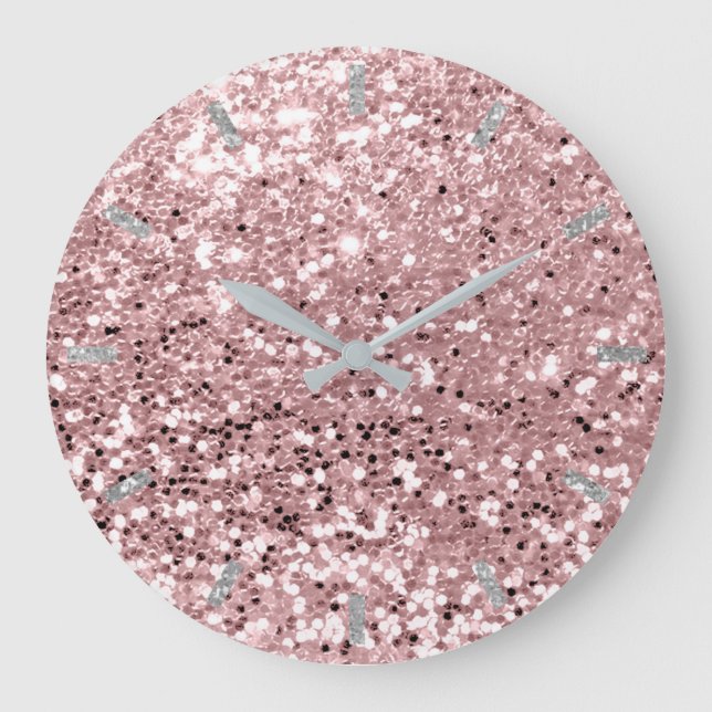 Reloj Redondo Grande Rosa Rosa Rubor Sparkly Faux Purpurina Gray (Anverso)