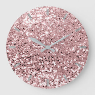 Reloj Redondo Grande Rosa rosa Rubor Sparkly Faux Purpurina Grey