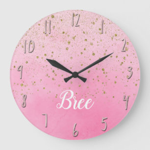 Reloj Redondo Grande Rosa Rosado y Dorado Brillo Glam Elegante