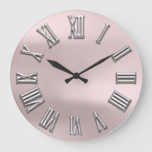 Reloj Redondo Grande Rosa Rubor Gris Metalizado Gray Silver Número roma