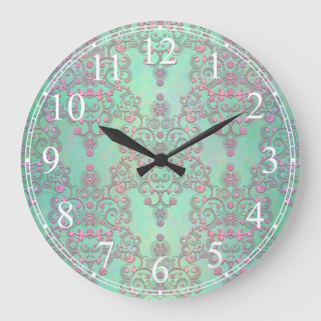 Reloj Redondo Grande Rosa sobre Mint Green Flace Lace Damask (Anverso)