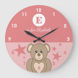 Reloj Redondo Grande Rosa y blanco con un osito de peluche lindo estrel