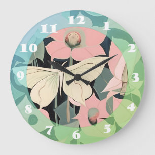 Reloj Redondo Grande Rosa y Crema - Luna Moth y Moonflowers