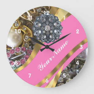 Reloj Redondo Grande Rosa y oro bling