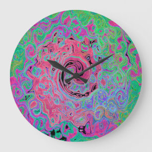 Reloj Redondo Grande Rosa y Verde Lima Groovy Remolino Abstracto Retro