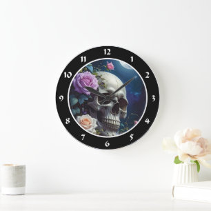 Reloj Redondo Grande Rosas a la luz de la luna Calavera