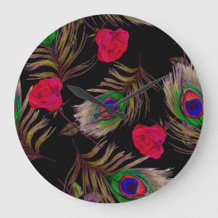Reloj Redondo Grande Rosas acuarelas, plumas de pavo real, decorativo.