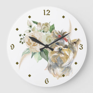 Reloj Redondo Grande Rosas blancas Bouquet Yorkshire Terrier Dog