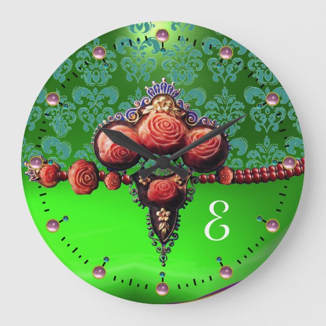 RELOJ REDONDO GRANDE ROSAS CORALES ROJOS, MONOGRAMA VERDE AZUL EMERALD (Anverso)