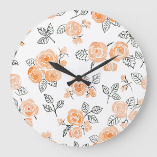 Reloj Redondo Grande Rosas de acuarela: fondo blanco de tinta