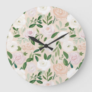 Reloj Redondo Grande Rosas de acuarela rosadas y vegetación botánica