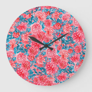 Reloj Redondo Grande Rosas de acuarela Tapiz floral