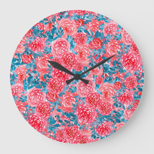 Reloj Redondo Grande Rosas de acuarela Tapiz floral (Anverso)