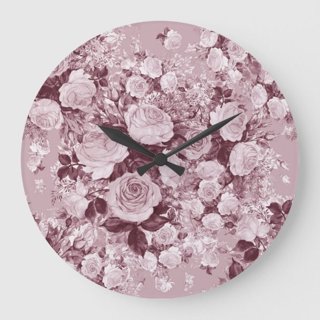 Reloj Redondo Grande Rosas de té: Patrón de Bouquet acuarela. (Anverso)