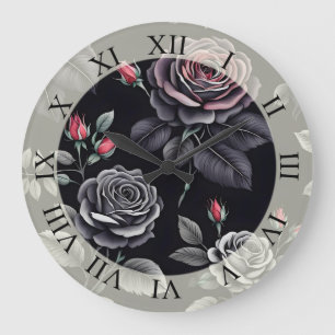 Reloj Redondo Grande Rosas de tono rubor oscuro diseño de arte floral