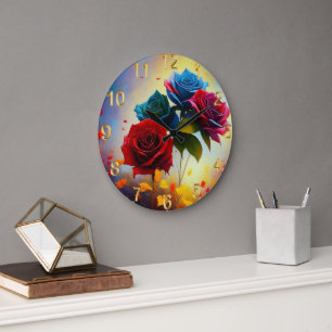 Reloj Redondo Grande Rosas De Tres Colores El Día Del Otoño,