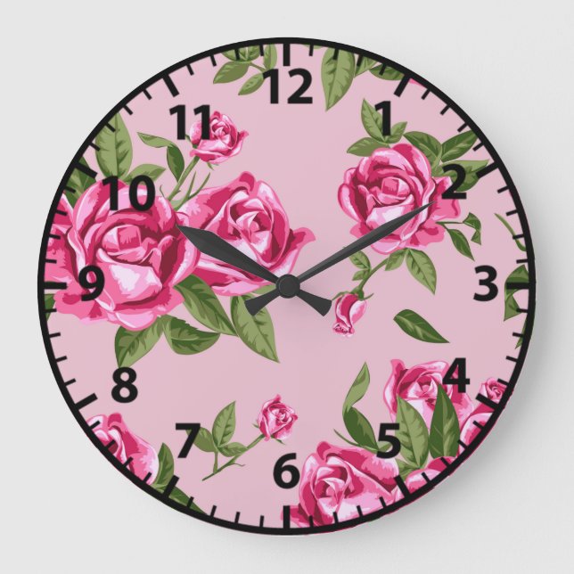 Reloj Redondo Grande Rosas del patrón de rosa rosado de Shabby Chic (Anverso)
