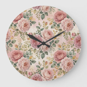 Reloj Redondo Grande Rosas Encanto Rústico Rosa Polvorienta Verde Salvi