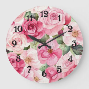 Reloj Redondo Grande Rosas Florales Rosadas Lindas