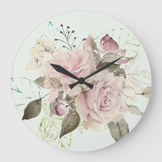 Reloj Redondo Grande Rosas florales rosados (Anverso)