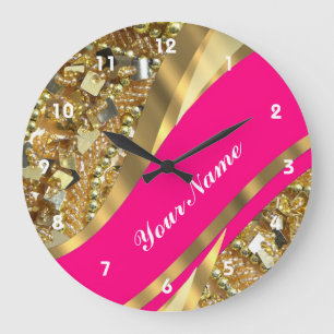 Reloj Redondo Grande Rosas fuertes y oro bling