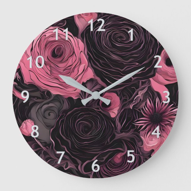 Reloj Redondo Grande Rosas góticos rosados y negros (Anverso)