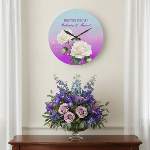 Reloj Redondo Grande Rosas Ombre Acuarela Azul Rosa Púrpura Boda