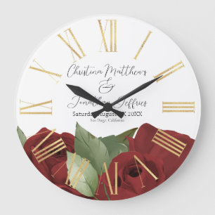 Reloj Redondo Grande Rosas Rojas Acuarela Romántica sobre Blanco