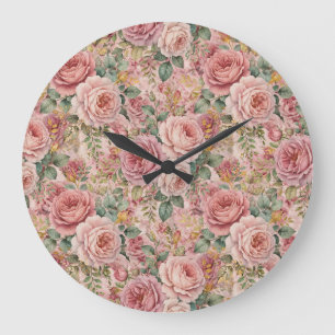 Reloj Redondo Grande Rosas Rosa Polvorienta Encanto Elegante Verde Salv