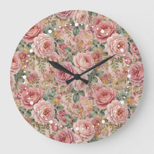 Reloj Redondo Grande Rosas Rosa Polvorienta Verde Salvia Oro Encanto Rú