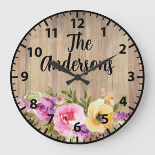 Reloj Redondo Grande Rosas rosadas, púrpuras y amarillas de madera rúst