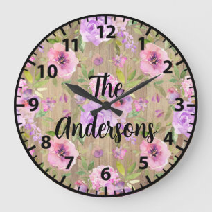 Reloj Redondo Grande Rosas rosados y púrpura personalizado de flores ru