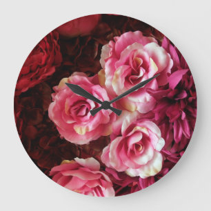 Reloj Redondo Grande rosas rosas rojas: fondo de tela.