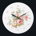Reloj Redondo Grande Rosas rosas rosadas de algodón inglesas<br><div class="desc">Abundante grupo de rosas y margaritas rosas con flores silvestres azules y follaje sabio. El color de fondo se puede personalizar. Incluye números de personalizable.</div>