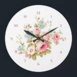 Reloj Redondo Grande Rosas rosas rosadas de algodón inglesas<br><div class="desc">Abundante grupo de rosas y margaritas rosas con flores silvestres azules y follaje sabio. El color de fondo se puede personalizar. Incluye números de personalizable.</div>