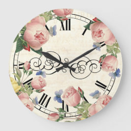 Reloj Redondo Grande Rosas rosas rosas antiguas y mariposas azules