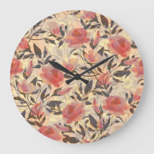 Reloj Redondo Grande Rosas salvajes de primavera: patrón de acuarela.