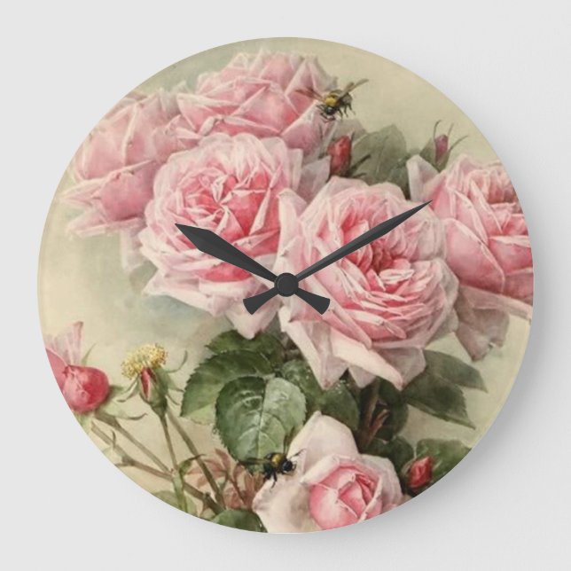 Reloj Redondo Grande Rosas victorianos de Shabby Chic Pink (Anverso)