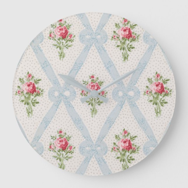 Reloj Redondo Grande Rosas victorianos rosados con Entramado Azul (Anverso)