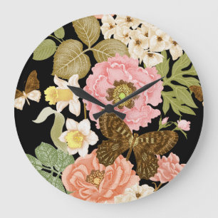 Reloj Redondo Grande Rosas Vintage Peonies: Patrón floral negro