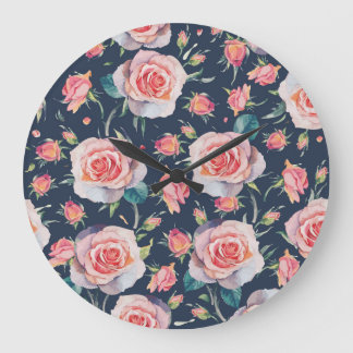 Reloj Redondo Grande Rosas y Rosebuds: Floral Seamless.