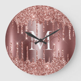 Reloj Redondo Grande Rose Gold Glitter Drips Monogram Personalized Wall