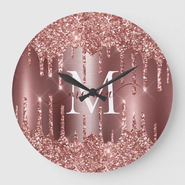 Reloj Redondo Grande Rose Gold Glitter Drips Monogram Personalized Wall (Anverso)
