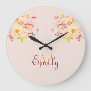 Reloj Redondo Grande Roses amarillas rosadas de color de agua, monogram