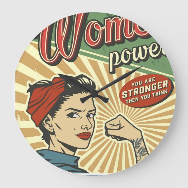 Reloj Redondo Grande Rosie Riveter, diseño retro de energía femenina (Anverso)