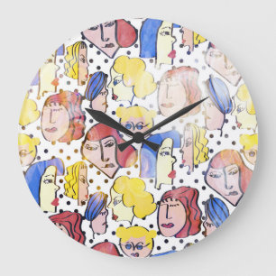 Reloj Redondo Grande Rostros de mujeres abstractas, puntos de polka acu